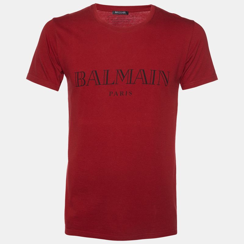 Balmain Red Logo Print Cotton Crew Neck T-Shirt Xs
